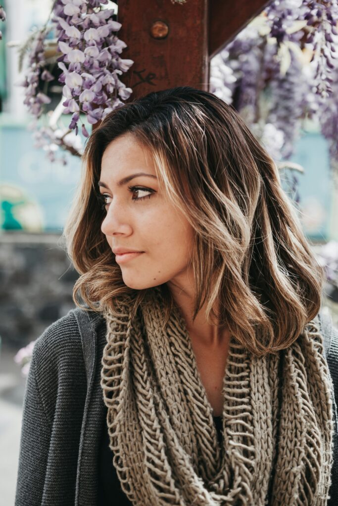 shoulder length cool toned balayage on woman